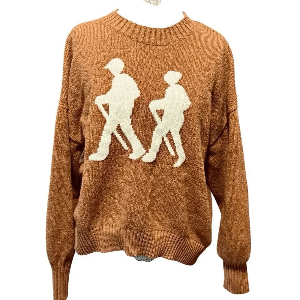 Lou & Grey Tan Crewneck Sweater with Cream Hiking Hikers Design Large